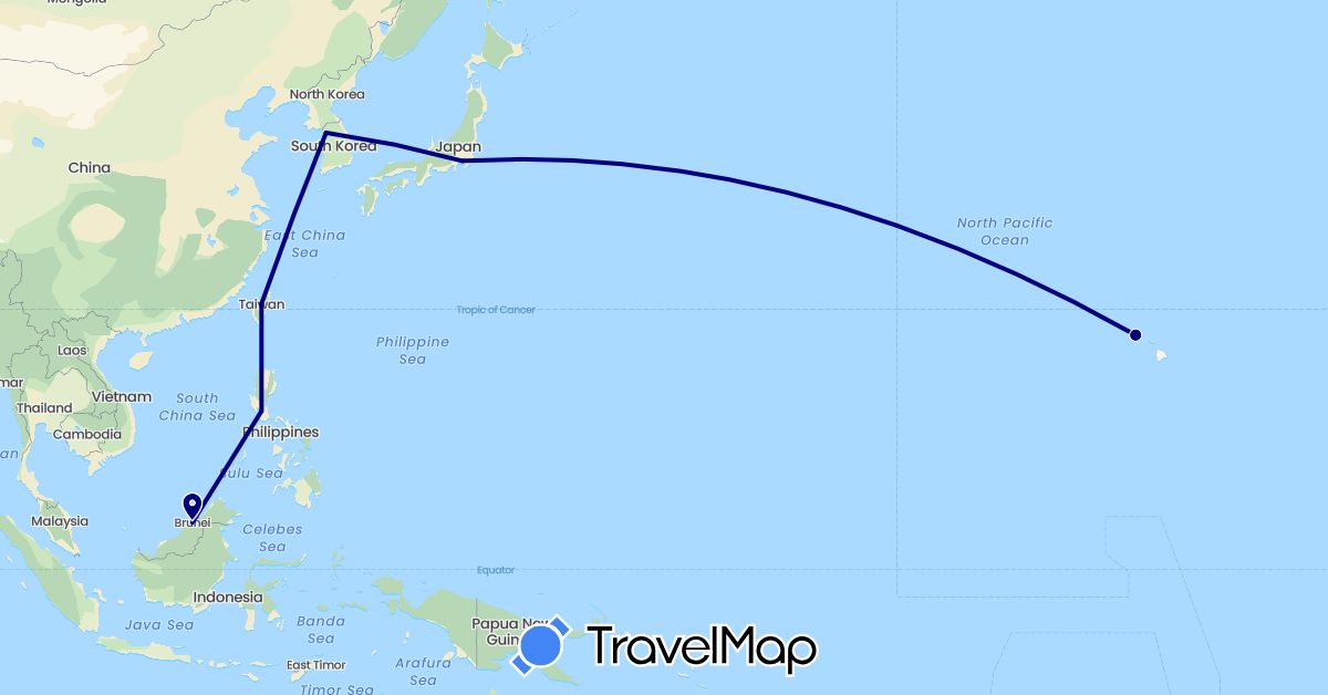 TravelMap itinerary: driving in Brunei, Japan, South Korea, Philippines, Taiwan, United States (Asia, North America)